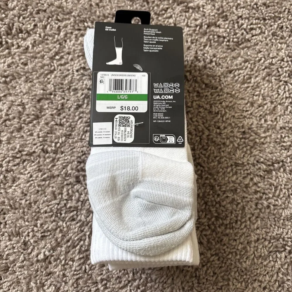 Under Armour 1379515 103 Unisex UA Performance Tech White U Crew Socks 3-Pack